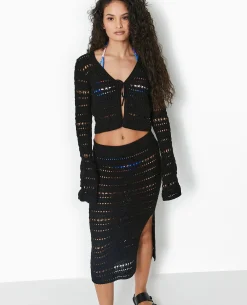 Jupe Midi En Maille Ajourée Façon Crochet - Noir