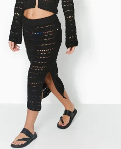 Jupe Midi En Maille Ajourée Façon Crochet - Noir