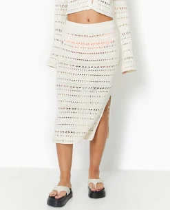Jupe Midi En Maille Ajourée Façon Crochet - Blanc