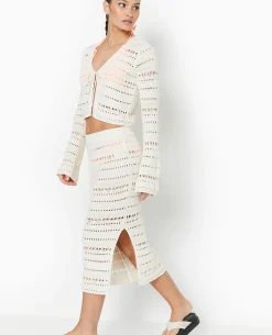 Jupe Midi En Maille Ajourée Façon Crochet - Blanc