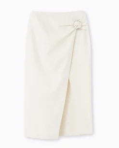 Jupe Midi Portefeuille En Tissu Effet Lin - Blanc