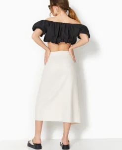 Jupe Midi Portefeuille En Tissu Effet Lin - Blanc