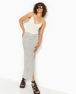 Jupe Tube Longue En Maille Rayée - Blanc