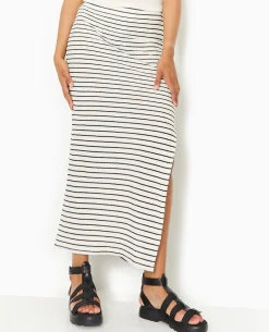 Jupe Tube Longue En Maille Rayée - Blanc