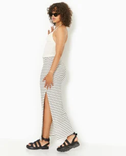 Jupe Tube Longue En Maille Rayée - Blanc