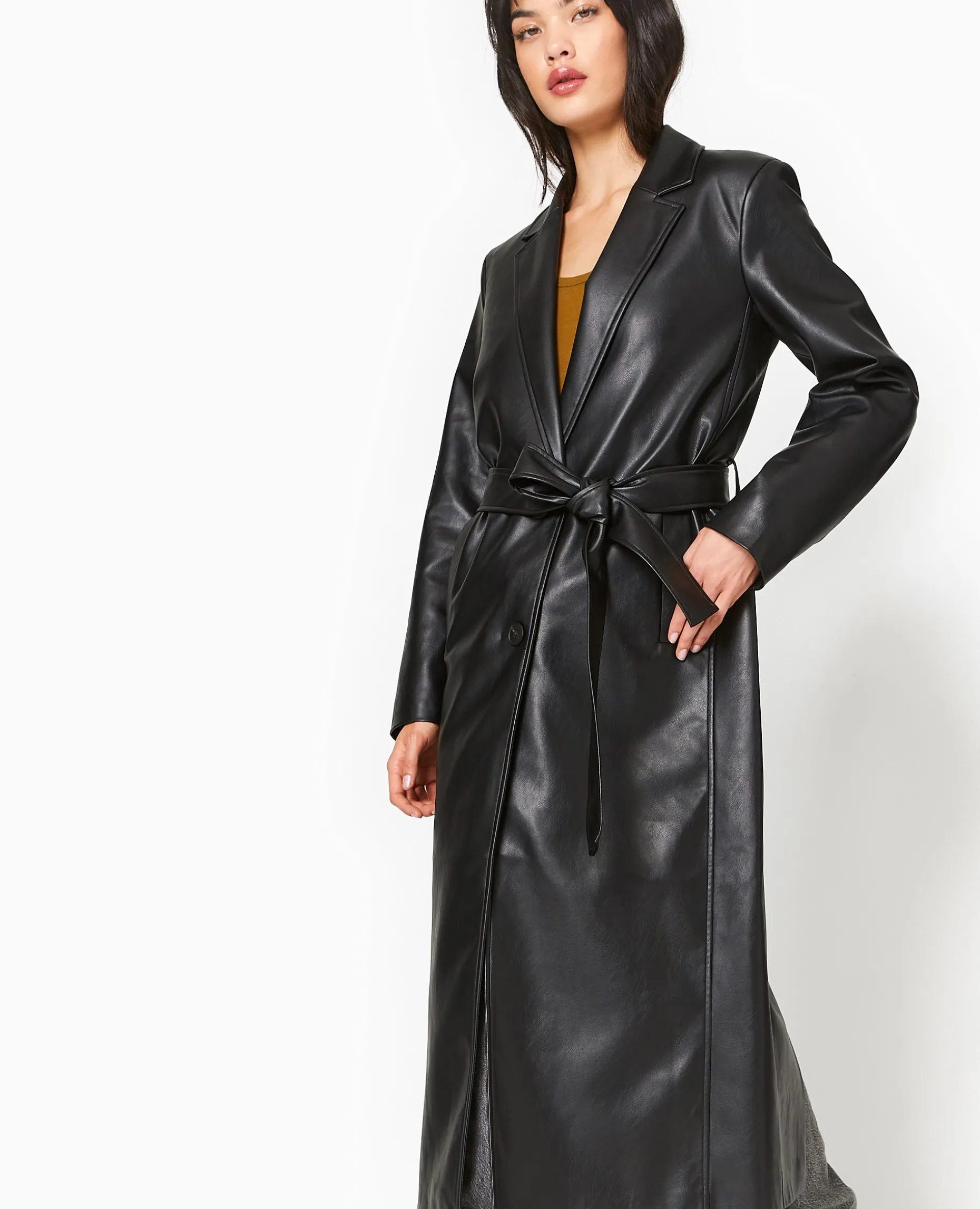 Manteau Long En Simili Cuir - Noir