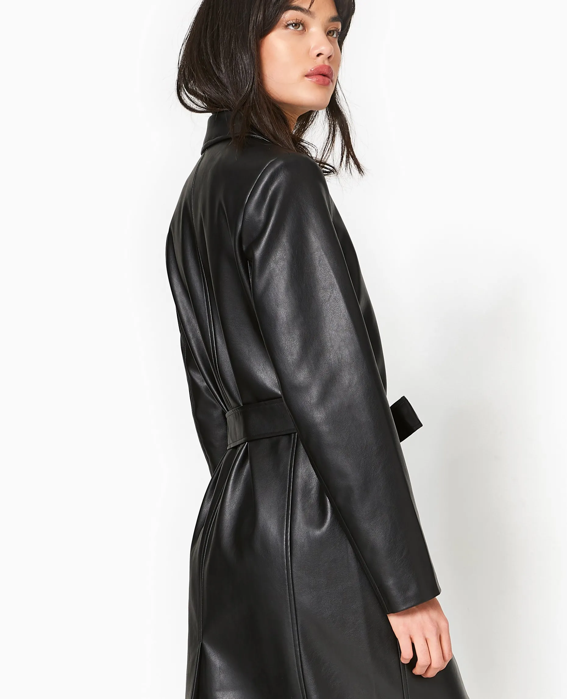 Manteau Long En Simili Cuir - Noir