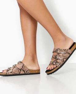 Mules Plates Avec 3 Brides Motif Serpent - Taupe