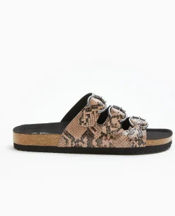 Mules Plates Avec 3 Brides Motif Serpent - Taupe
