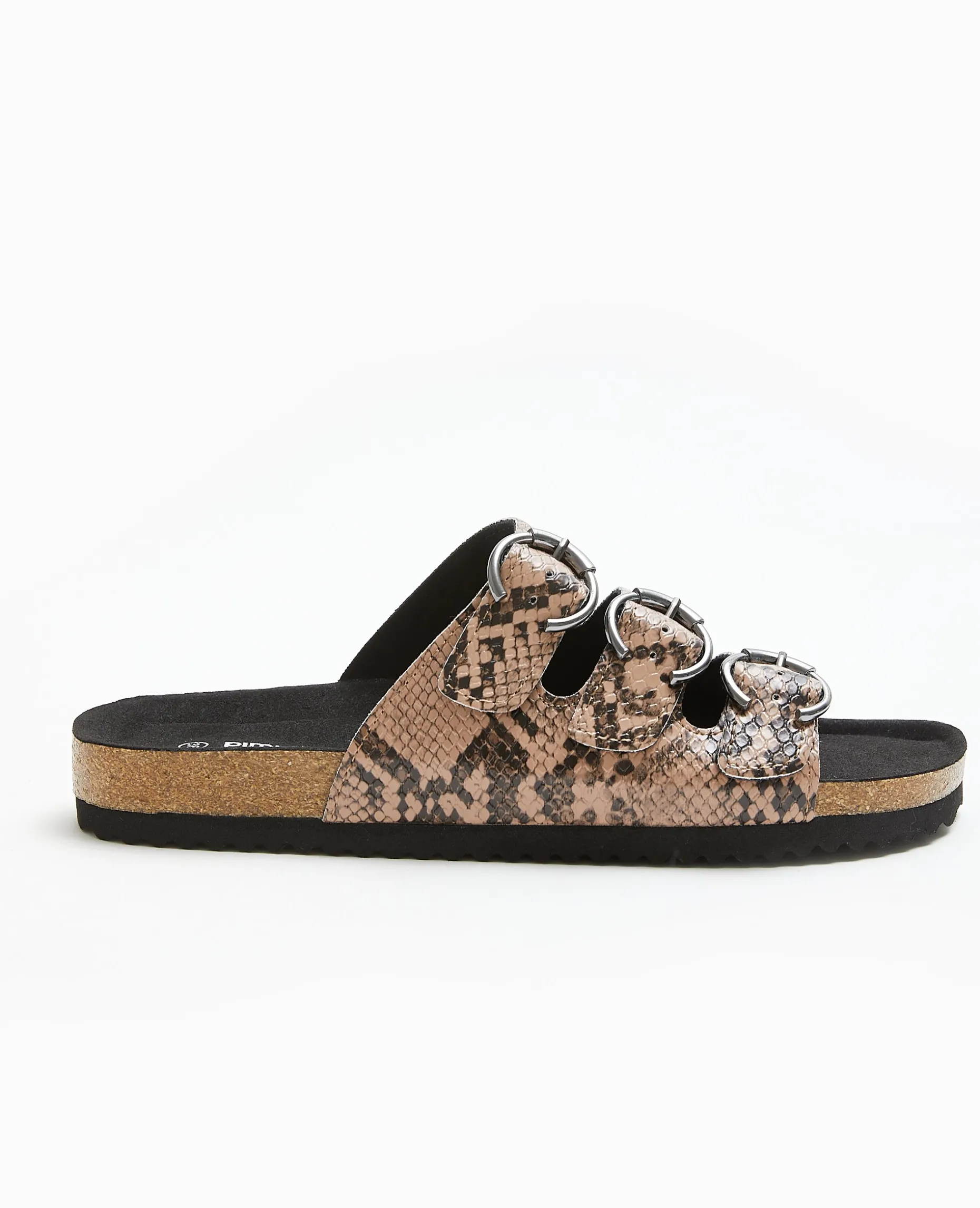 Mules Plates Avec 3 Brides Motif Serpent - Taupe