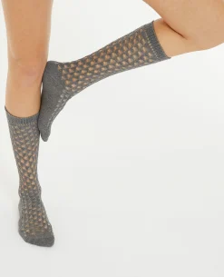 Paire De Chaussettes Hautes En Maille Ajourée - Gris Foncé