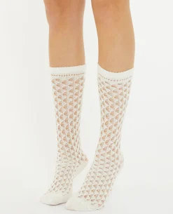 Paire De Chaussettes Hautes En Maille Ajourée - écru