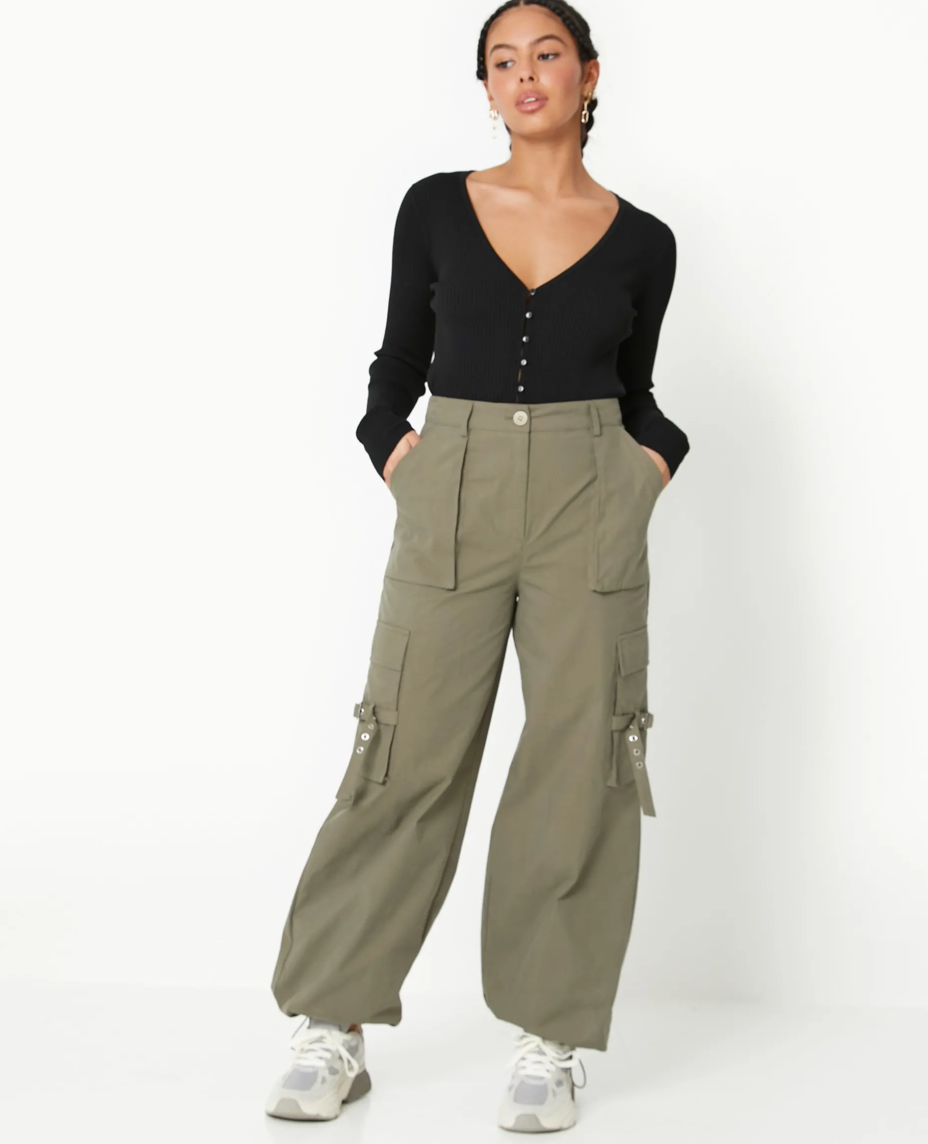 Pantalon Cargo Avec Poches Et Sangles - Vert Kaki