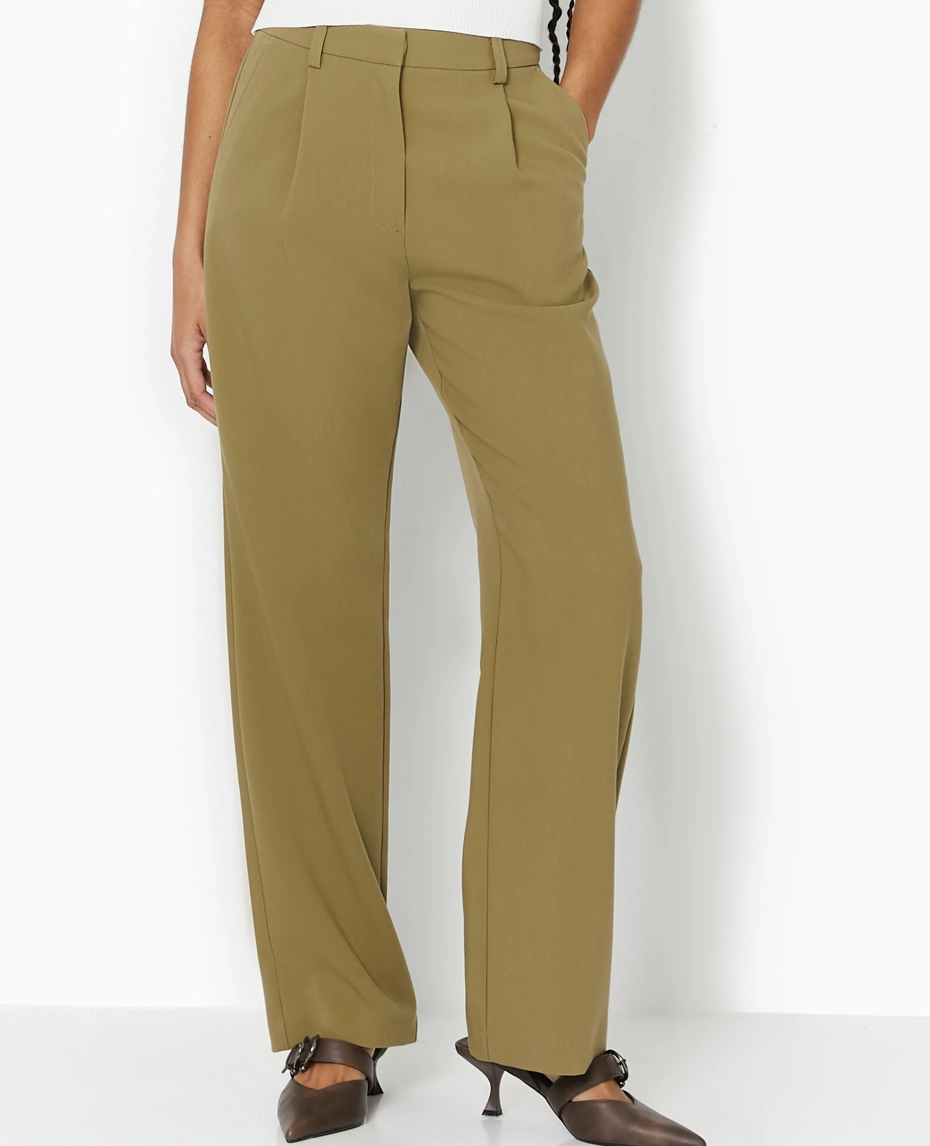 Pantalon Droit Avec Pinces - Vert Kaki