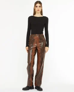 Pantalon Droit En Simili Effet Python - Marron