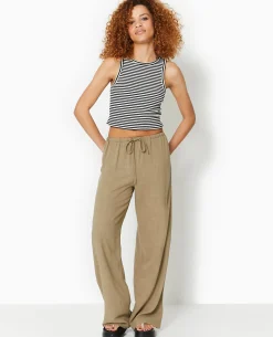 Pantalon Droit Et Large Avec Taille élastiquée - Vert Kaki