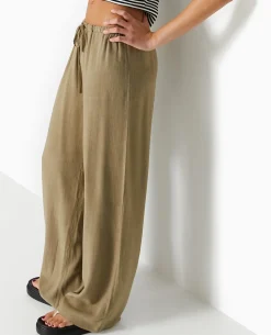 Pantalon Droit Et Large Avec Taille élastiquée - Vert Kaki