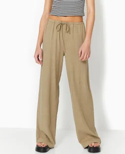 Pantalon Droit Et Large Avec Taille élastiquée - Vert Kaki