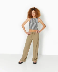 Pantalon Droit Et Large Avec Taille élastiquée - Vert Kaki
