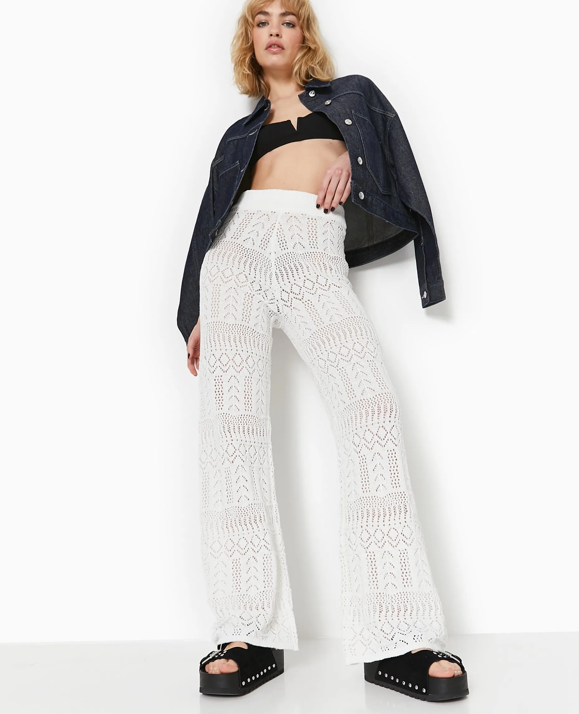Pantalon En Maille Fantaisie Ajourée - Blanc