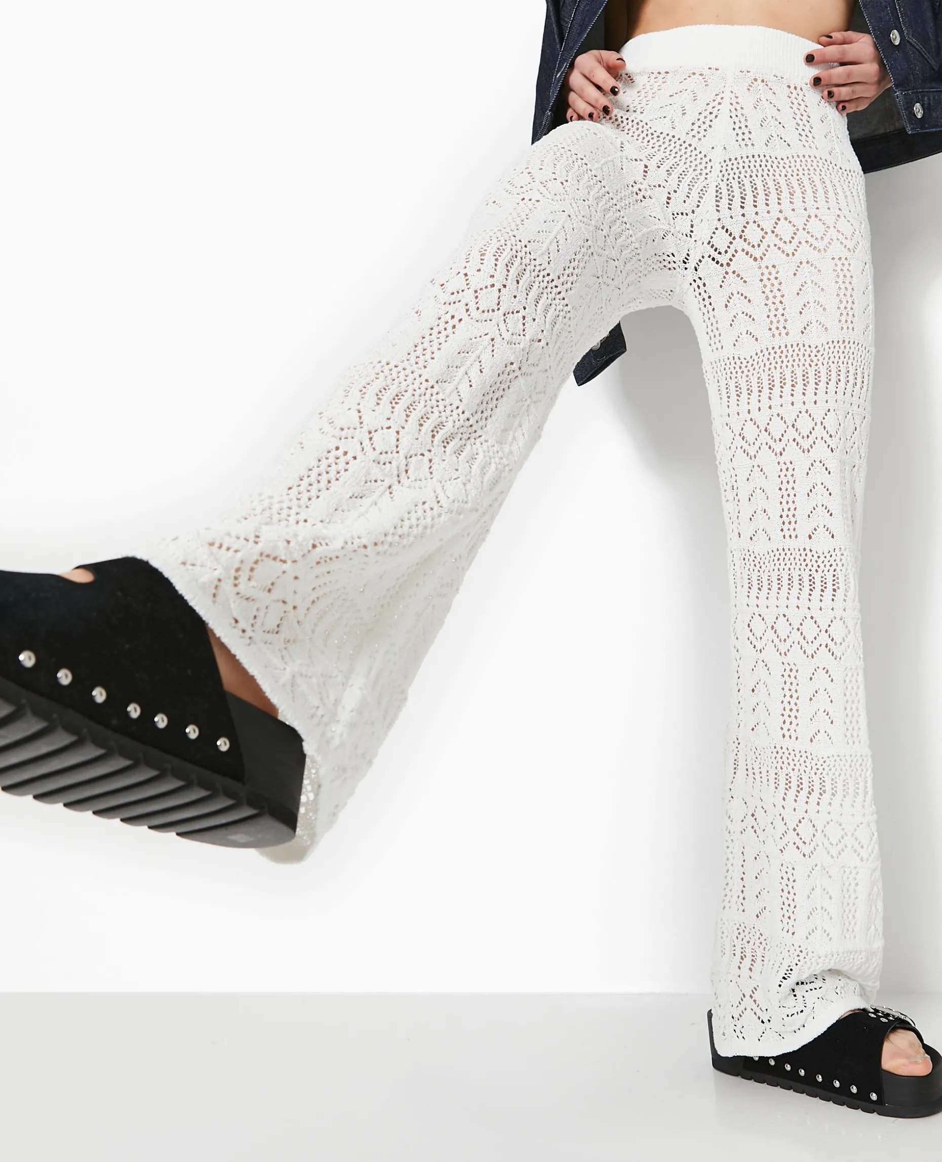 Pantalon En Maille Fantaisie Ajourée - Blanc