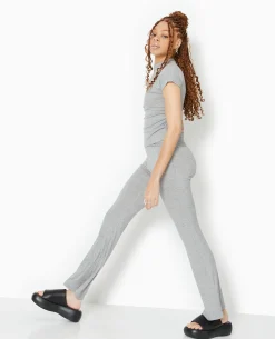 Pantalon Flare En Maille Côtelée - Gris Chiné
