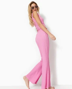 Pantalon Flare En Tissu Reliéfé - Rose