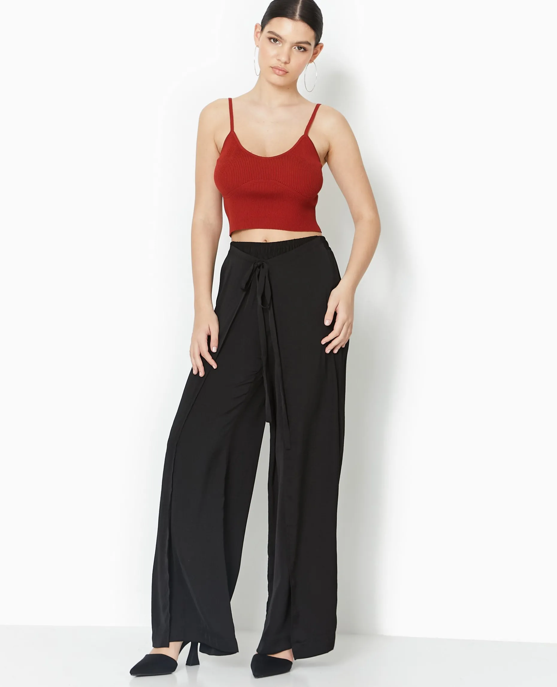 Pantalon Large Avec Fentes Et Pans à Nouer - Noir