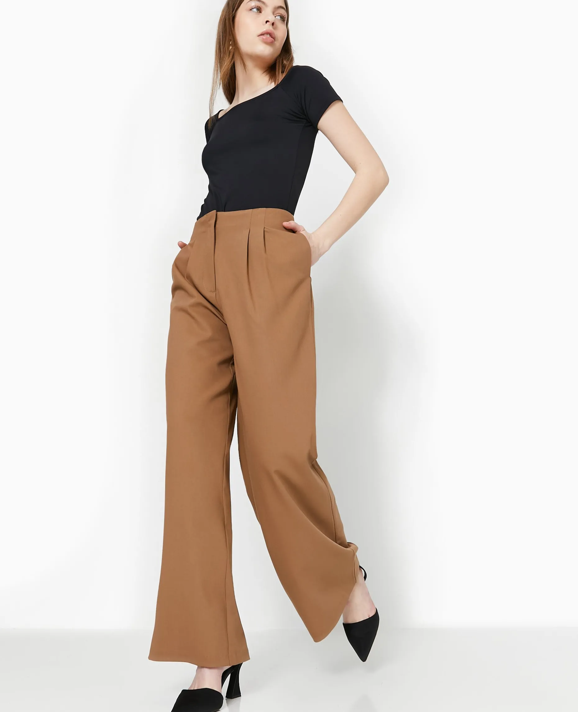 Pantalon Large Avec Pinces - Marron