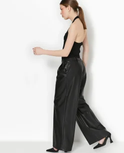 Pantalon Large Avec Pinces En Simili - Noir