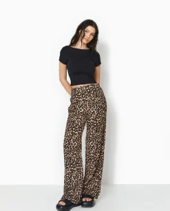 Pantalon Large En Maille Reliéfée Motif Léopard - Taupe
