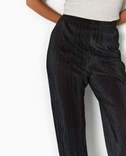 Pantalon Large En Tissu Plissé Et Satiné - Noir