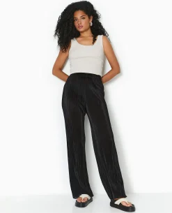 Pantalon Large En Tissu Plissé Et Satiné - Noir