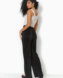 Pantalon Large En Tissu Plissé Et Satiné - Noir