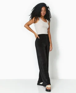 Pantalon Large En Tissu Plissé Et Satiné - Noir