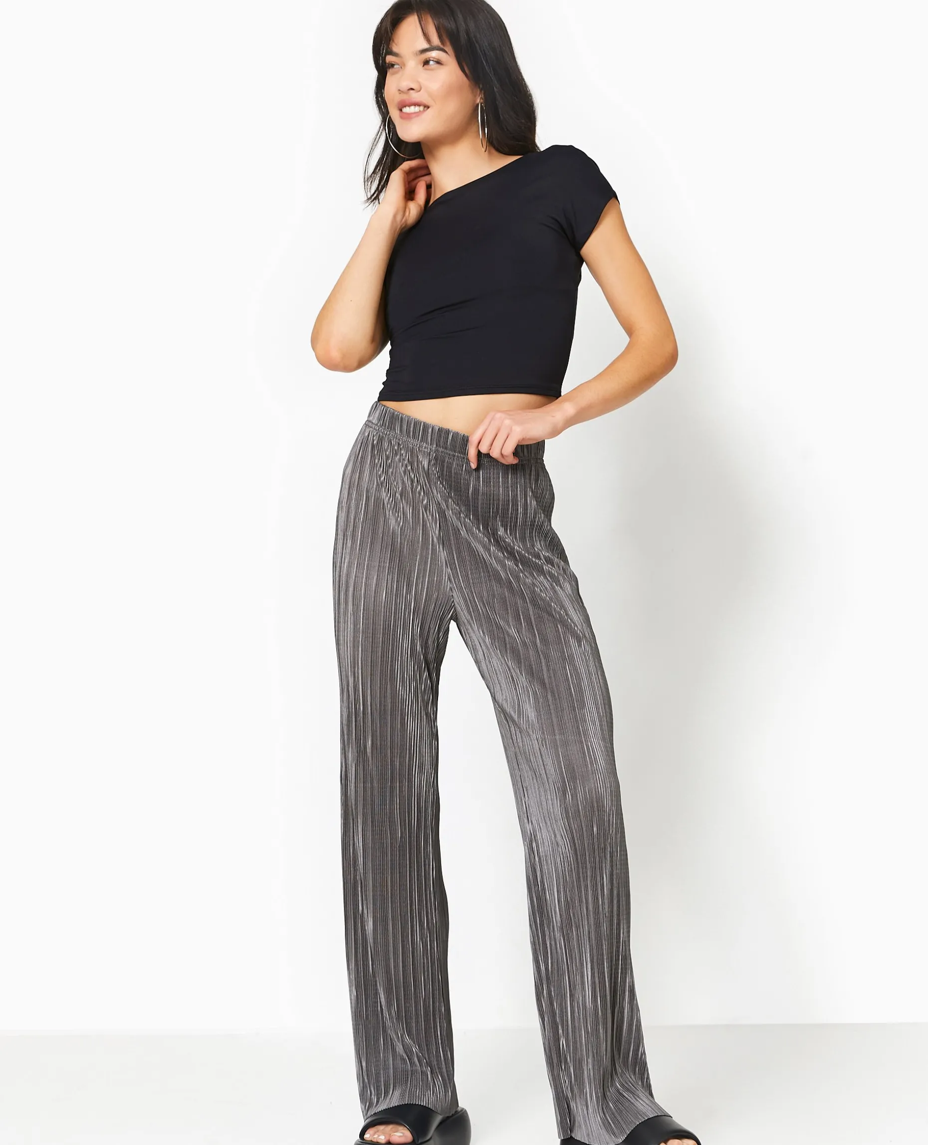 Pantalon Large En Tissu Plissé Et Satiné - Gris Foncé