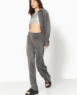 Pantalon Large En Tissu Plissé Et Satiné - Gris Foncé