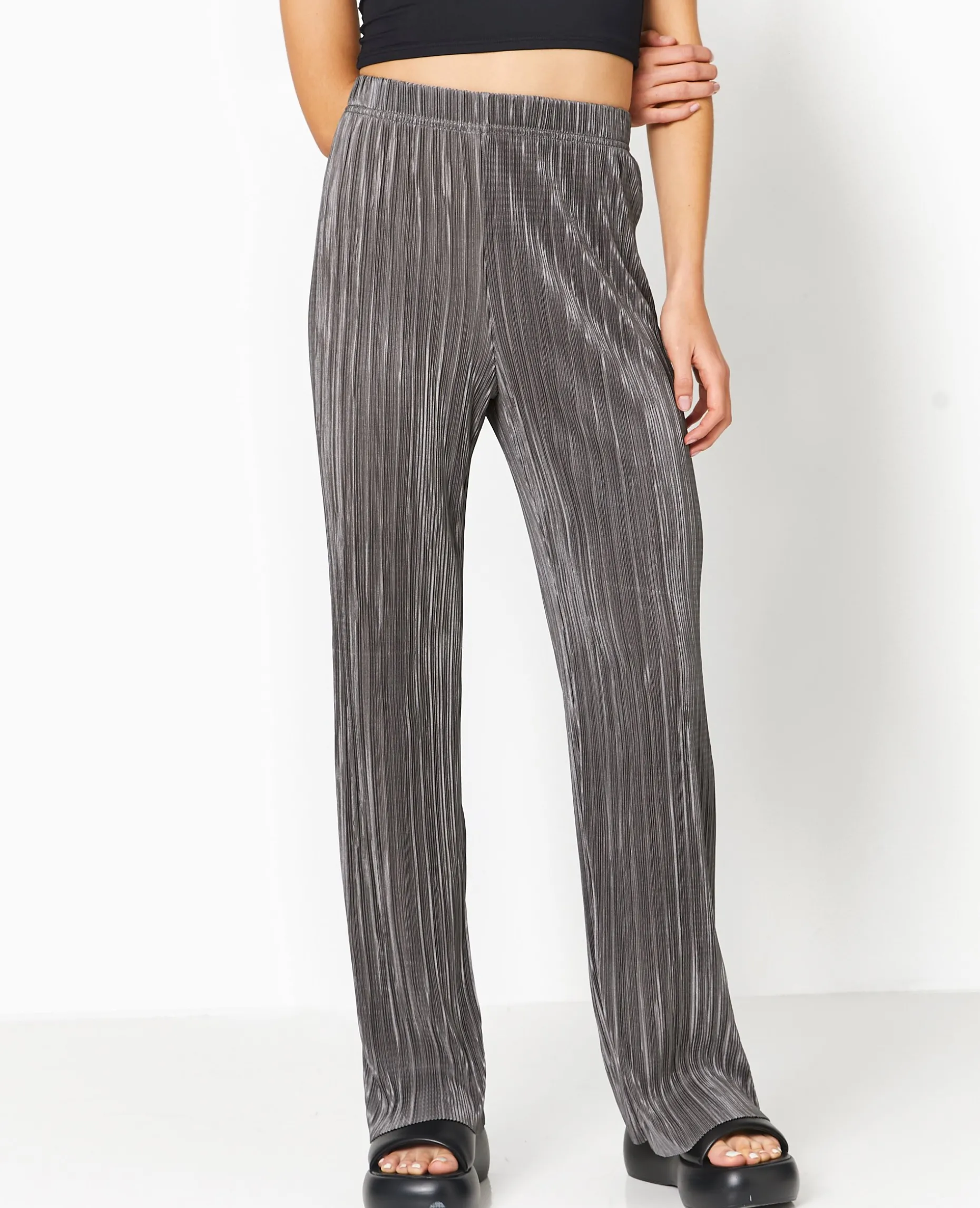 Pantalon Large En Tissu Plissé Et Satiné - Gris Foncé