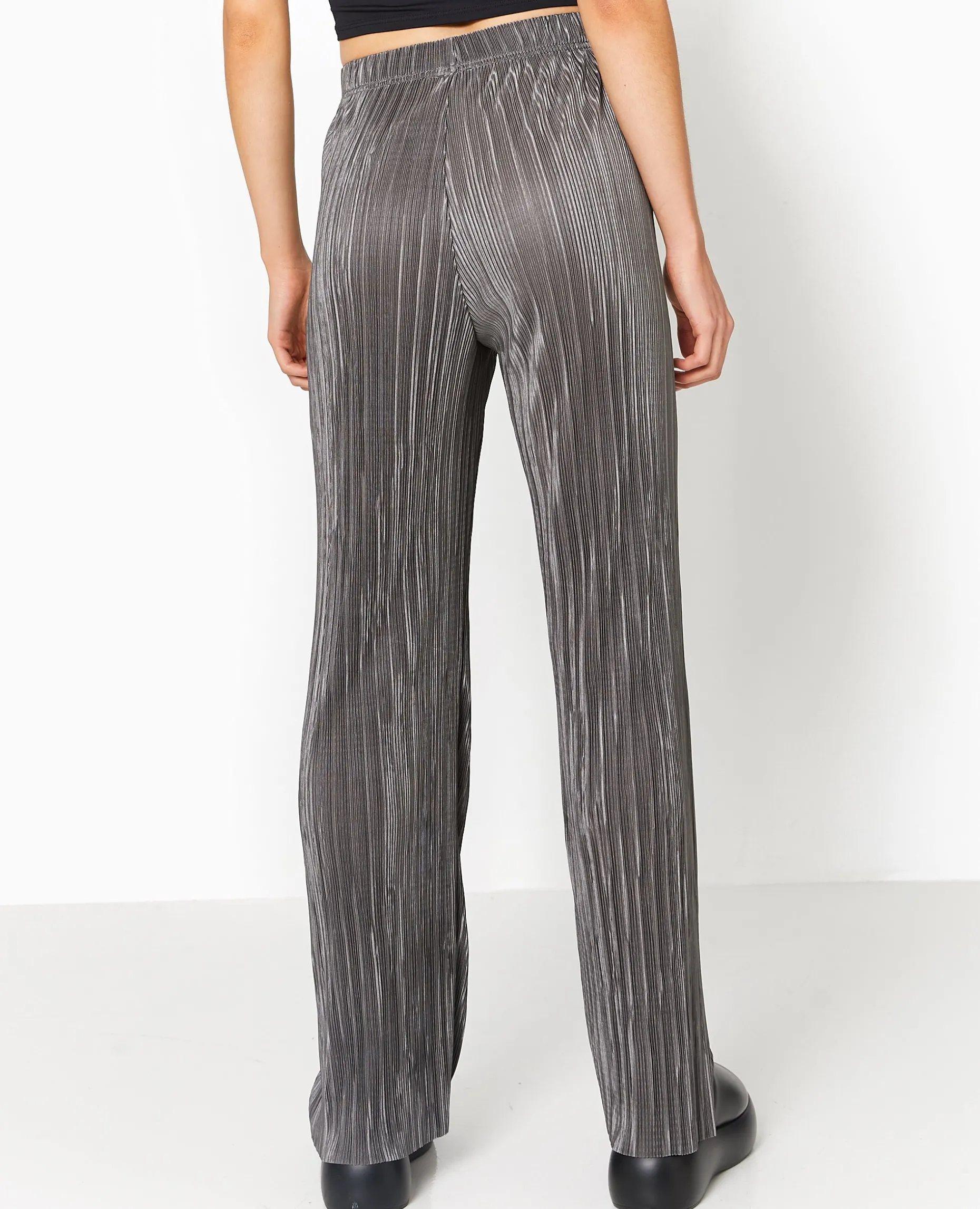Pantalon Large En Tissu Plissé Et Satiné - Gris Foncé