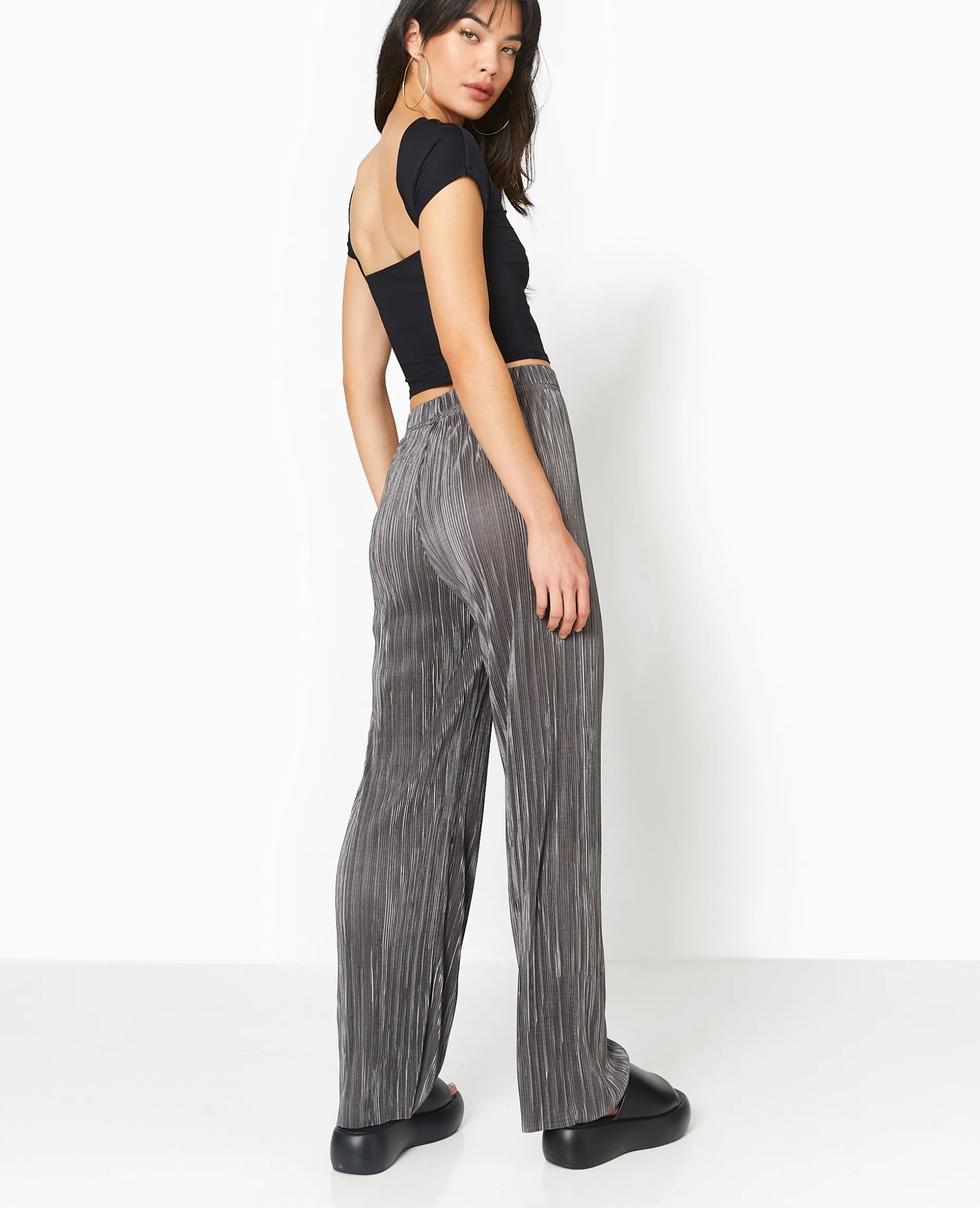 Pantalon Large En Tissu Plissé Et Satiné - Gris Foncé