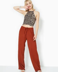 Pantalon Large Et Droit Avec Taille élastiquée - Marron