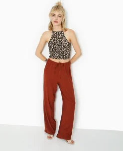 Pantalon Large Et Droit Avec Taille élastiquée - Marron