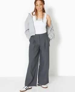 Pantalon Large Et Droit Avec Pinces - Gris