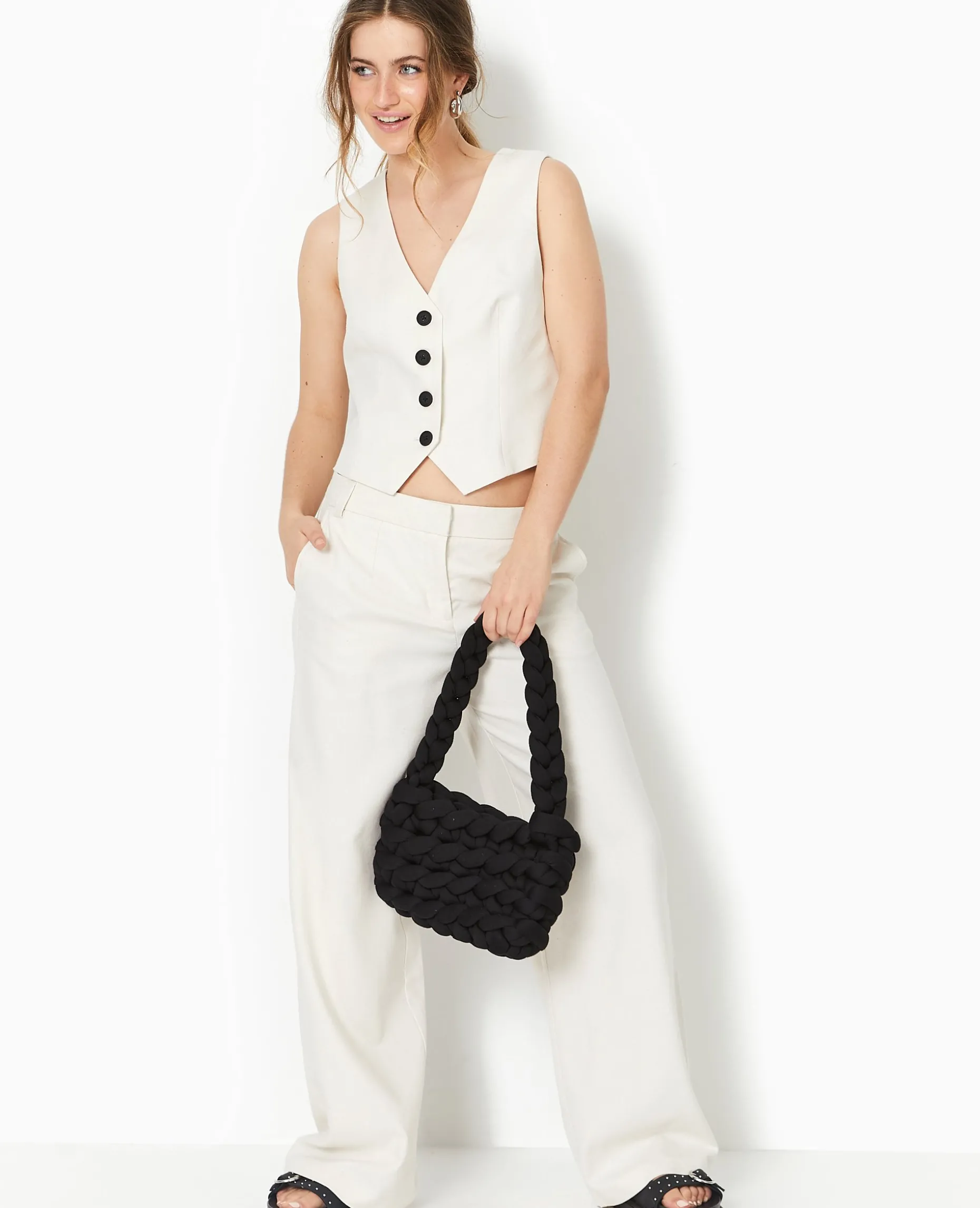 Pantalon Large Et Droit En Tissu Façon Lin - Blanc