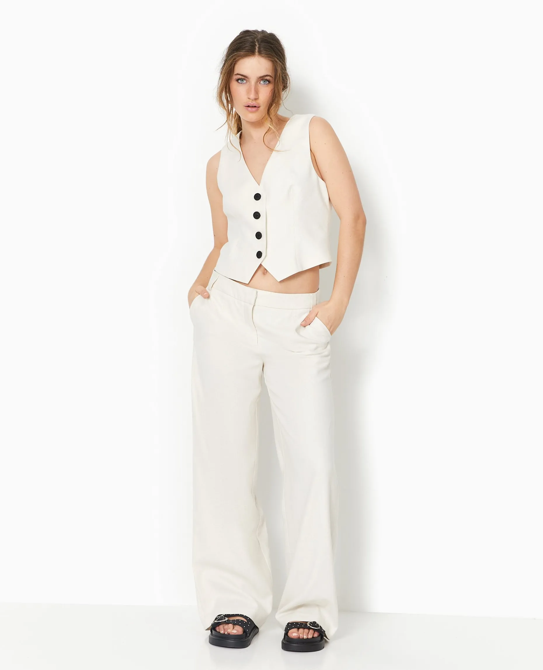 Pantalon Large Et Droit En Tissu Façon Lin - Blanc