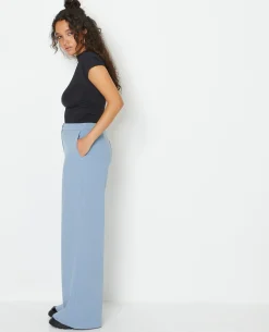 Pantalon Large Et Droit Taille Haute - Bleu