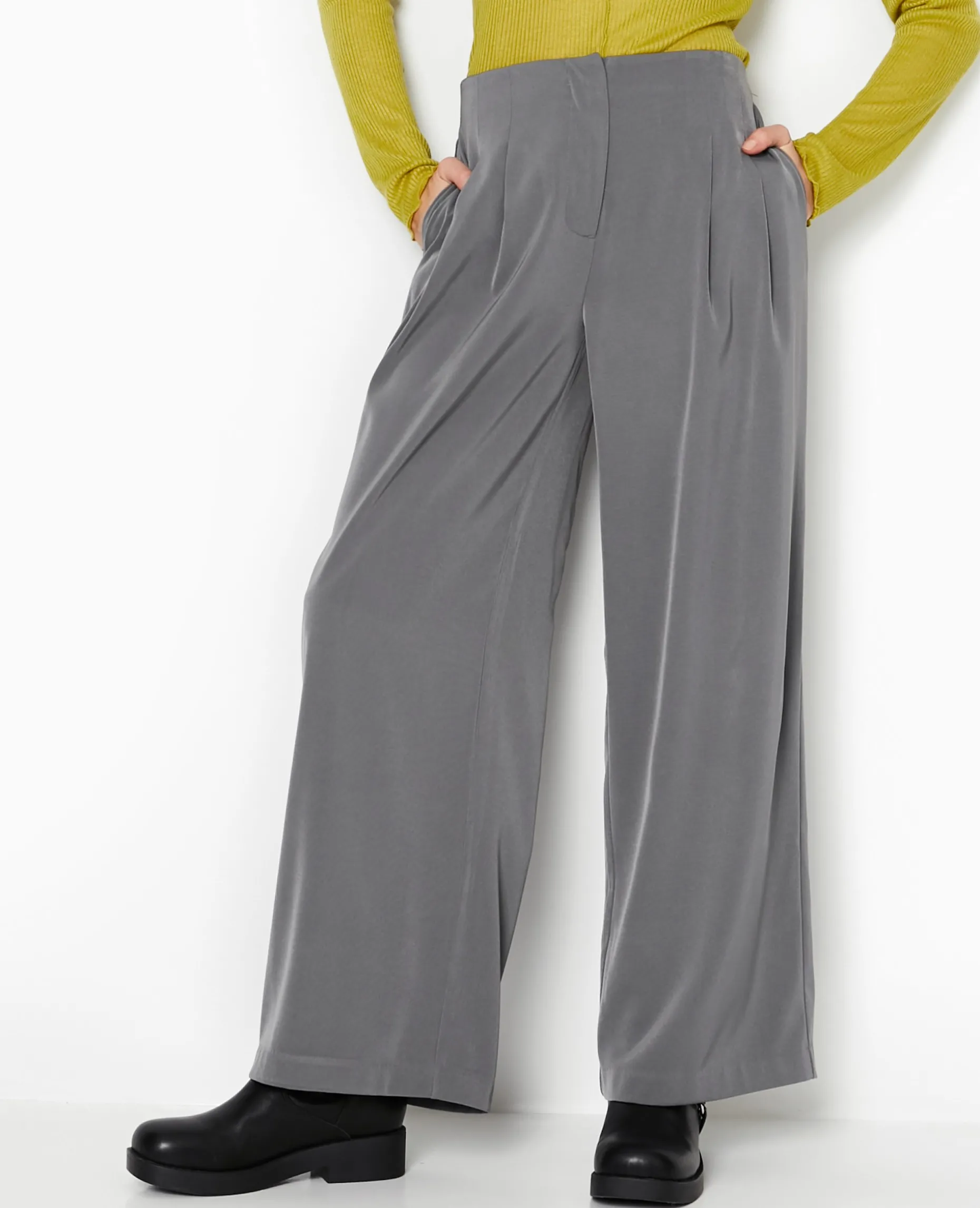 Pantalon Large Taille Basse Avec Pinces - Gris