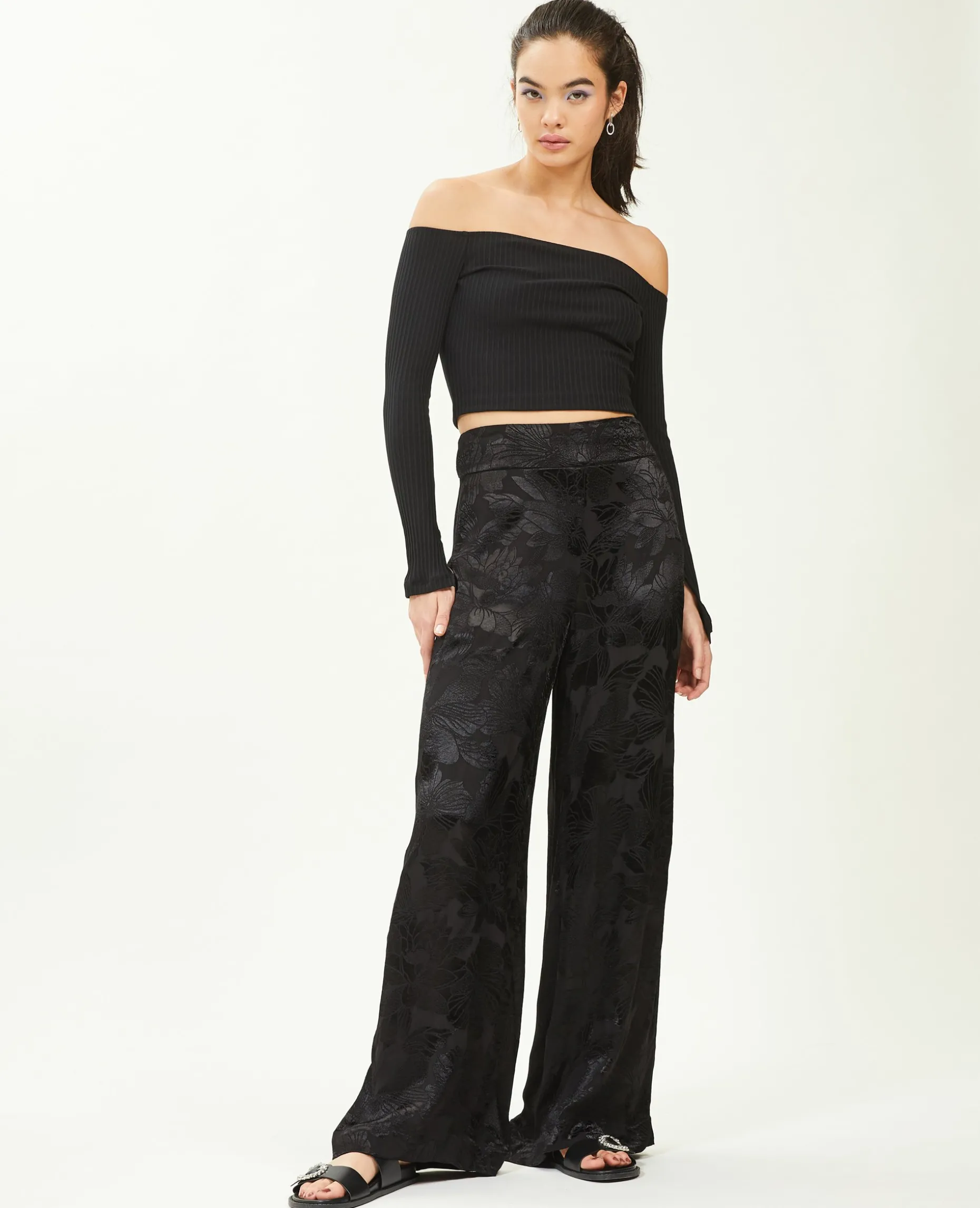 Pantalon Large Tissu Satiné Jacquard - Noir