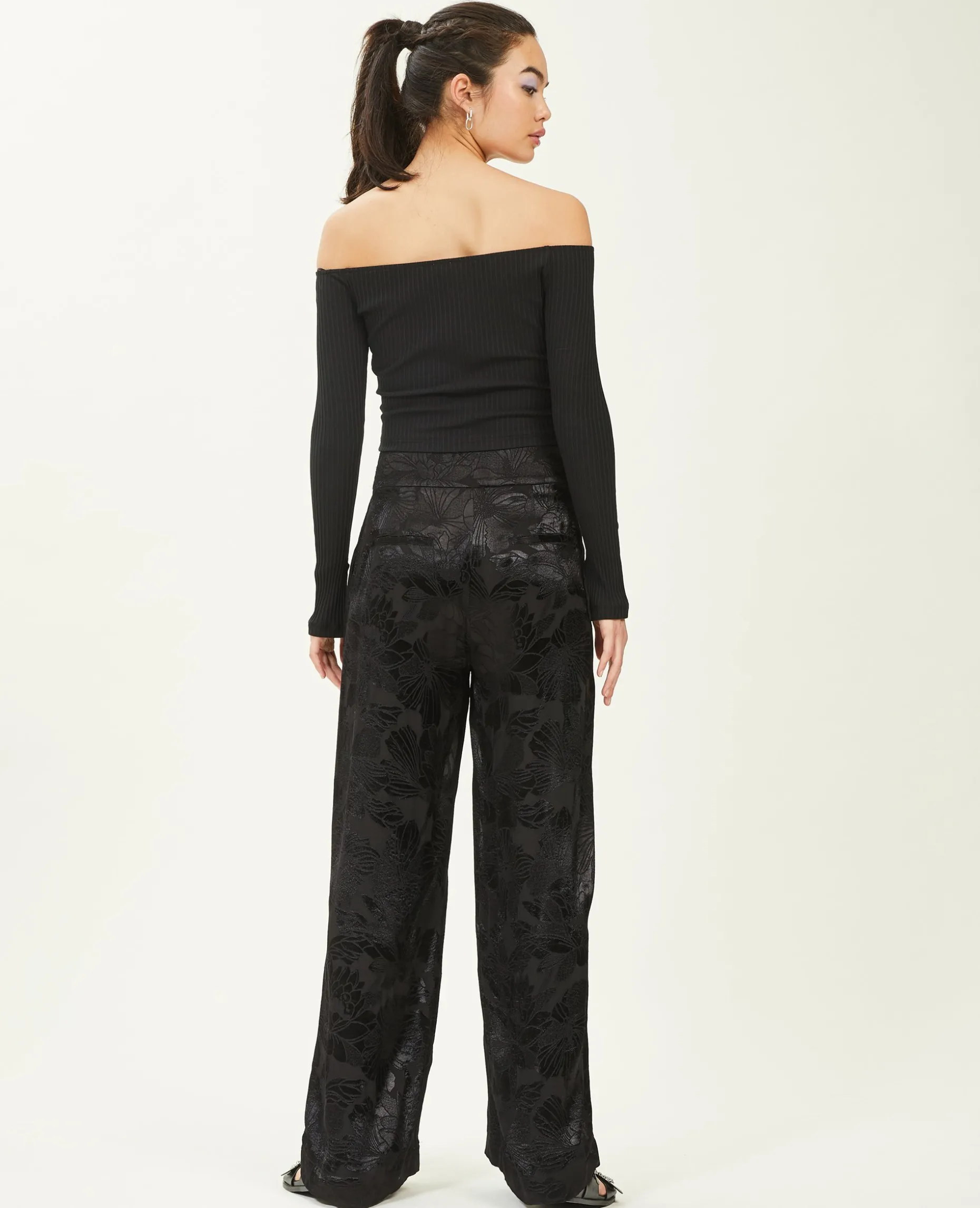 Pantalon Large Tissu Satiné Jacquard - Noir