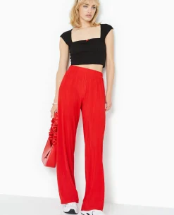 Pantalon Palazzo En Maille Texturée Effet Rayé - Rouge